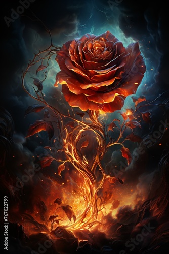 a red rose with fire coming out of it