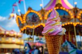 colorful dole whip in a cone with horse carrousel at a fair in the background