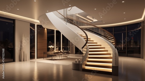 Bold curved modern staircase with recessed lighting accents and blackened steel and glass railings system.