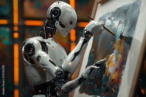 Roboartist painting its artwork piece, robots takes over the human artists job concepts and bots doing artificial intelligence art, mixed digital 3d illustration and matte painting