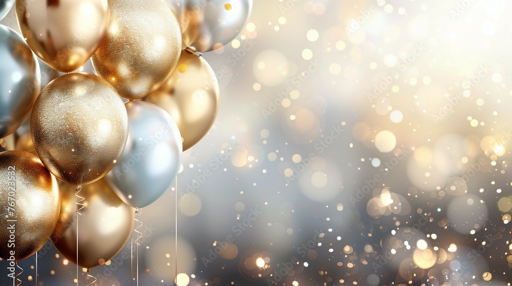 Birthday party background with balloons and confetti on a blue color,banner，greeting card.