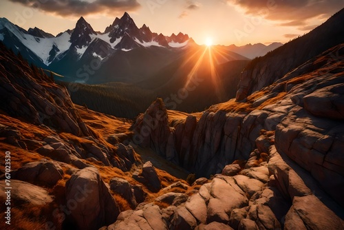 a cave with rocky mountains in background. Adventure Composite. 3d Rendering Peak. Aerial Image of landscape from British Columbia, Canada. Sunset Sky