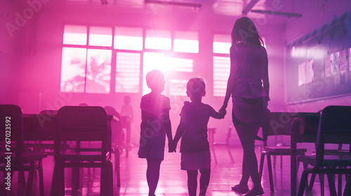 Cinematic photograph of a mother holding hand of two children  in a school classroom . Mother's Day. Pink and purple color palette. photo