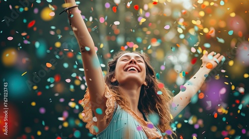 Joyful smiling woman enjoying party. Wrapped in confetti and solar warmth.