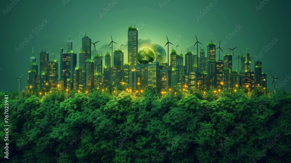  A scenic cityscape with green hues, towering windmills in the skyline, and trees anchoring the foreground, all framed by a serene