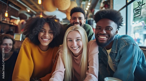 Diverse group of friends enjoying time together in a cafe
