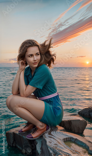 Serene Seaside Sunset - Young Woman Enjoying Ocean Views at Dusk, Reflective Vacation Momen