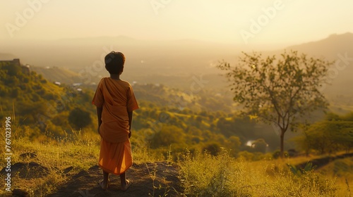 Person in orange robe standing on a hill during sunset, overlooking a scenic valley with a solitary tree.