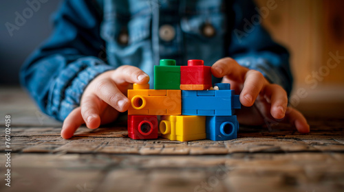 Child Playing With Stack of