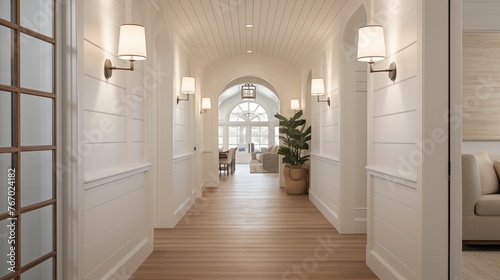 Bright hallway with shiplap walls arched doorways warm wood floors and modern lighting sconces.