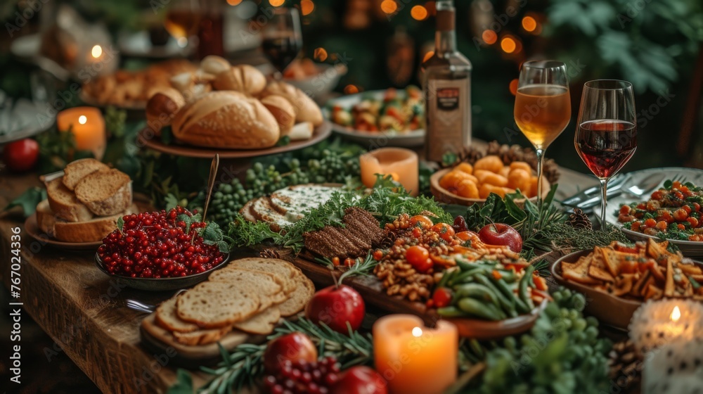 A wooden table is topped with an array of food, accompanied by a glass of wine and a bottle of wine A wooden table is topped with an array of food, accompanied by a glass of wine and a bottle of wine