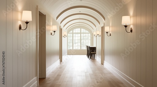 Bright hallway with shiplap walls arched doorways warm wood floors and modern lighting sconces.
