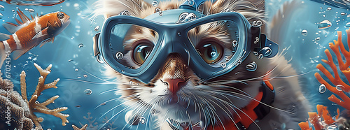 Fantasy Illustration of a Cat in Diving Mask Exploring Underwater Coral Reef 