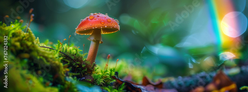 Single Red Mushroom in Lush Moss with Rainbow and Bokeh Light 