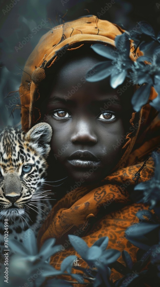 a young african girl with piercing icey eyes and a leopard cub resting heads against each other, staring into the camera. a young african girl with piercing icey eyes and a leopard cub resting heads against each other, staring into the camera.