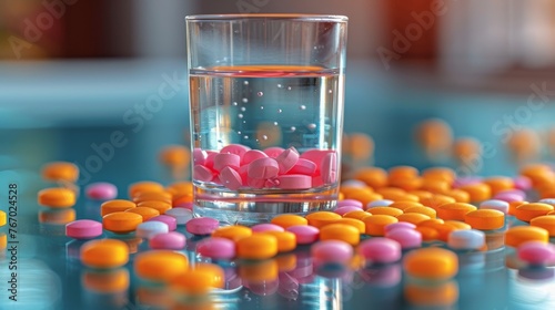  A glass of water containing multicolored pills alongside an assortment of orange and pink pills