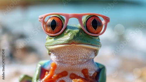   A frog wearing glasses against a backdrop of water