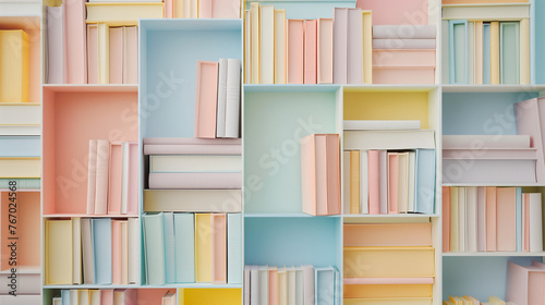 Mock-up of bookshelf with a lot of colorful pastel book spine stacking in the random shape shelves with plain cover on a bright background. New modern minimal style. photo