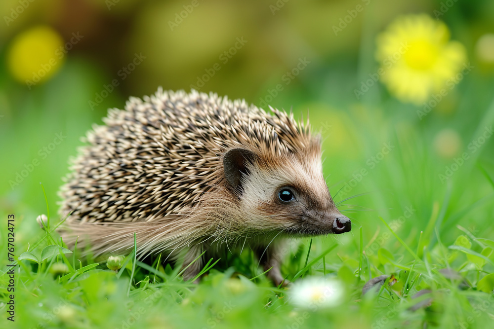 Small hedgehog pet on green grass in summer day. Woodland running animal in wildlife