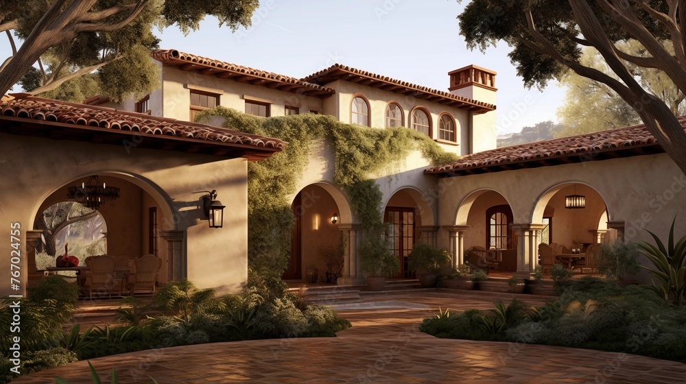 California hacienda home with tile roof arched windows and courtyards.