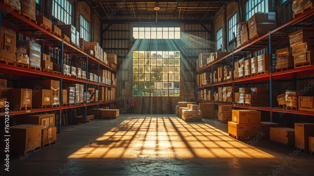 A spacious warehouse brimming with numerous shelves and various containers, illuminated by sunlight streaming through the distant window A spacious warehouse brimming with numerous shelves and various containers, illuminated by sunlight streaming through the distant window
