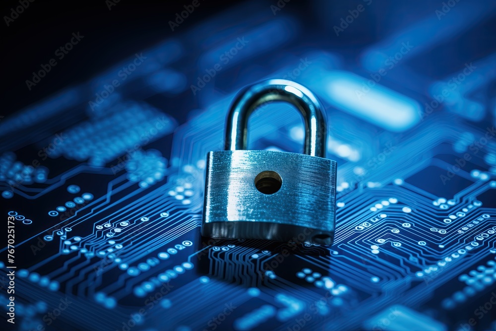 A padlock on top of an electronic circuit board symbolizing data security and cyber protection in the digital age. Computer technology for online data protection. Safety. Encrypted computer.Copy space A padlock on top of an electronic circuit board symbolizing data security and cyber protection in the digital age. Computer technology for online data protection. Safety. Encrypted computer.Copy space