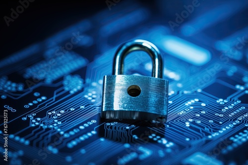 A padlock on top of an electronic circuit board symbolizing data security and cyber protection in the digital age. Computer technology for online data protection. Safety. Encrypted computer.Copy space