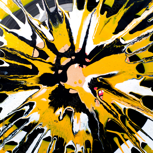 Abstract original artwork with white yellow and black acrylic paint.