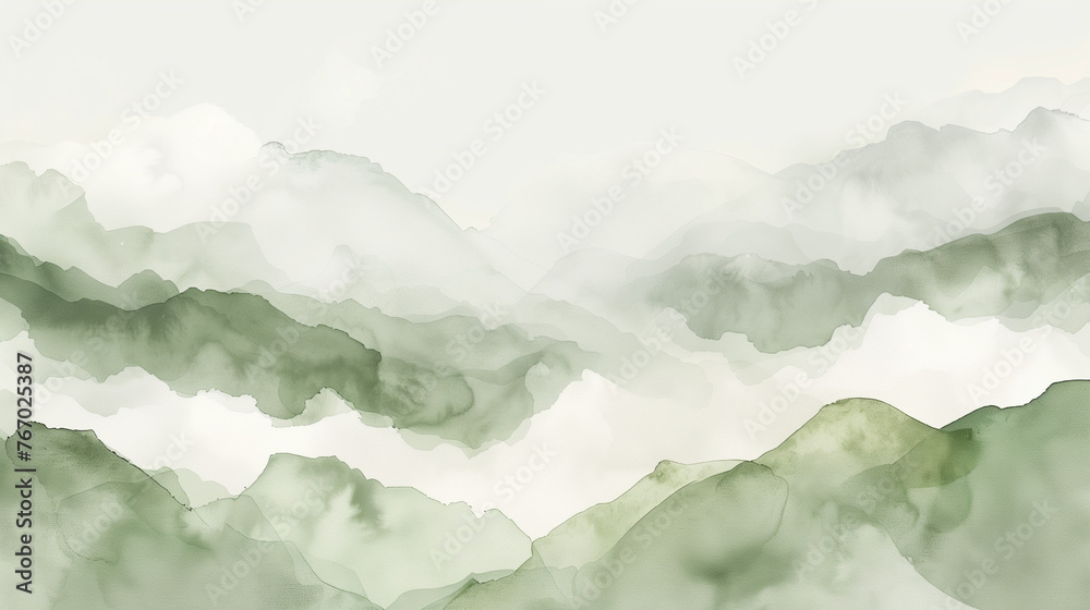 Watercolor Mountainscape, Soft Green Tones, Tranquil Nature-Inspired Art