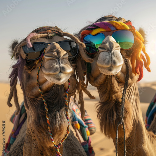 Camels with Sunglasses, Humorous Desert Animals, Vibrant and Quirky Portrait