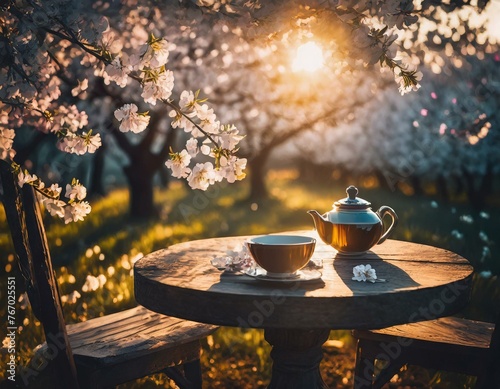 Spring's Serenity: Tea Amidst Blooming Cherry Blossoms at Dawn
