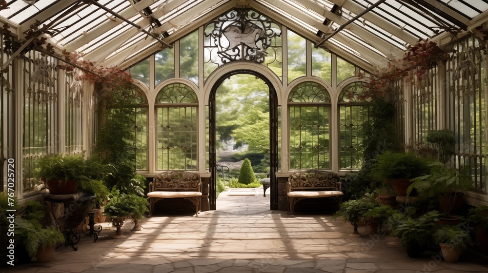 Charming countryside greenhouse conservatory with custom arched glass ceiling intricate iron trusses stone floors and immense skylights above.