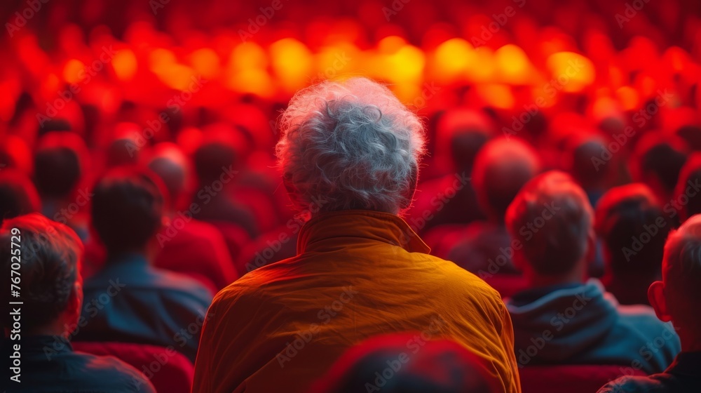 A group of individuals in a room with multiple rows of red and yellow illumination sitting in front of a single red light A group of individuals in a room with multiple rows of red and yellow illumination sitting in front of a single red light