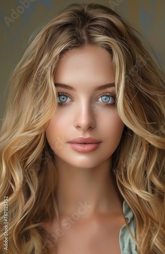 beautiful 20 year old woman with long blond hair in a gold painting, blue eyes, beautiful
