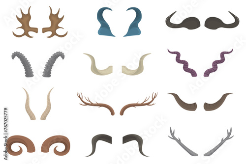 Antlers, vector wild animal and deer antlers or antelope antlers illustration set of antler hunting deer trophy isolated on white background