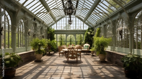 Charming countryside greenhouse conservatory with custom arched glass ceiling intricate iron trusses stone floors and immense skylights above.