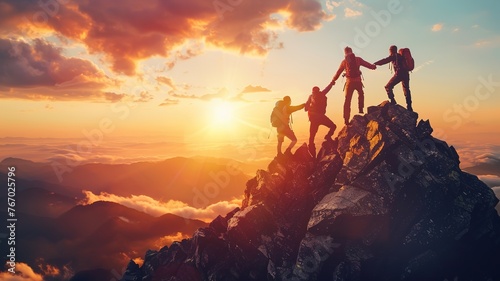 people holding hands and helping each other reach the top of the mountain