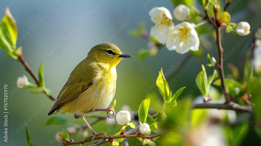 A bird in spring flowers.