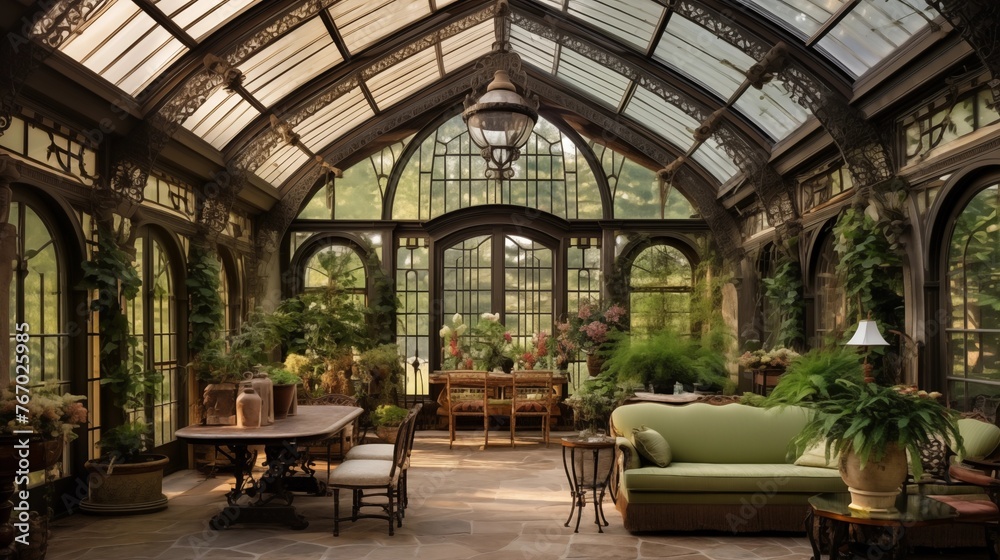 Charming countryside greenhouse conservatory with custom arched glass ceiling intricate iron trusses stone floors and immense skylights above. Charming countryside greenhouse conservatory with custom arched glass ceiling intricate iron trusses stone floors and immense skylights above.