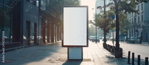Outdoor advertising stand mockup template with a white design placed on a sidewalk in an urban city setting. photo