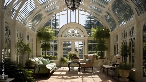 Charming English conservatory with custom glass ogee arched ceilings and windows elaborate metalwork trusses and footbridges over plantings. photo