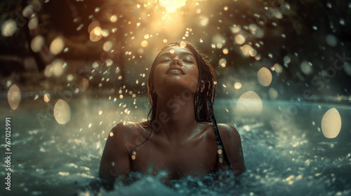 Woman basking in the sunlit water, drops sparkling around her. photo