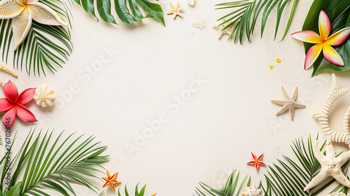 Frame design for book festival. Tropical flowers and leaves with starfish and sea decorations on a plain beige background with blank space for text at the center.