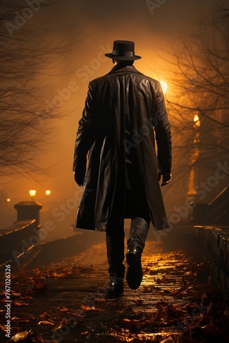 a man walking down a path in the fog