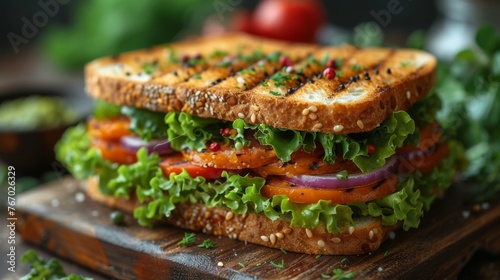 A close-up of a sandwich with lettuce, tomatoes, and other toppings on a cutting board is visually appealing The image showcases the freshness and variety of ingredients
