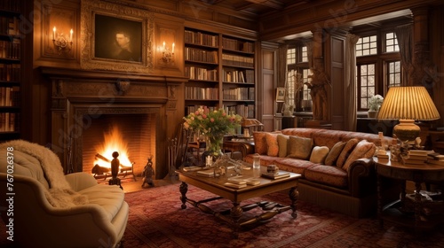 Charming English country manor library with oak paneling beamed ceilings cozy fireplace inglenook and built-in bookcases. photo