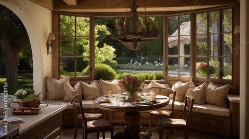 Charming French country estate breakfast room with wood beams antique chandelier curved banquette and picture window over gardens. photo