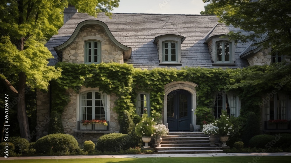 Charming French country manor with stone exterior slate roof and climbing ivy details.