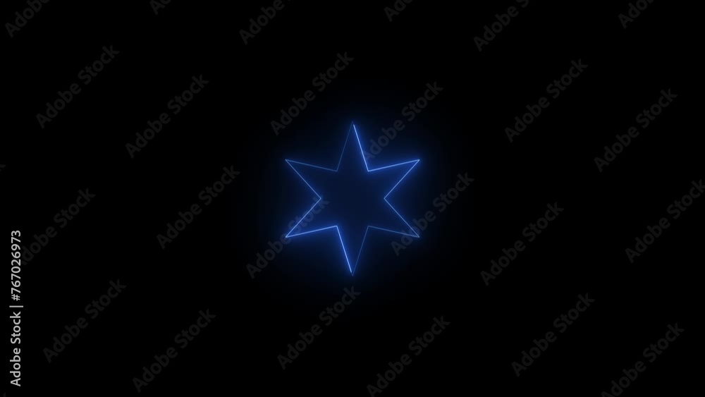 Neon glowing blue color six hand star icon animation black background