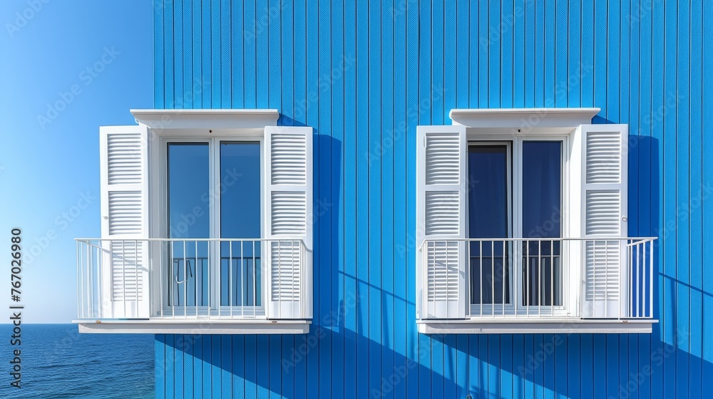   Two blue buildings with white balconies, each with a blue ocean view